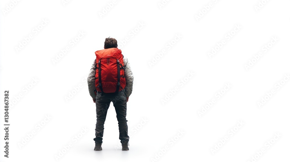 Hiker back, red backpack, studio, exploring Hiker back, red backpack, studio, exploring