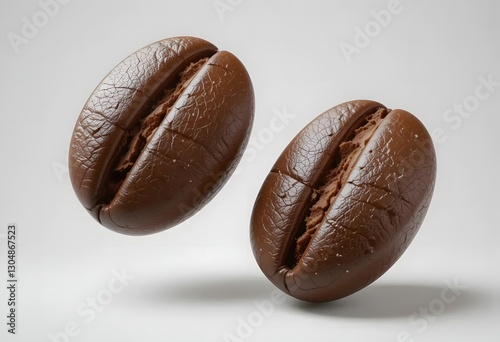 Two Roasted Coffee Beans Floating on White Background, Close-Up Detail, Perfect for Coffee Shop and Beverage Industry Designs.