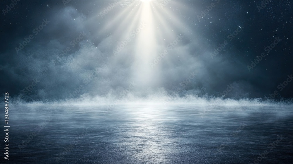 Fototapeta premium A single bright stage spotlight piercing through heavy fog, highlighting atmospheric textures.