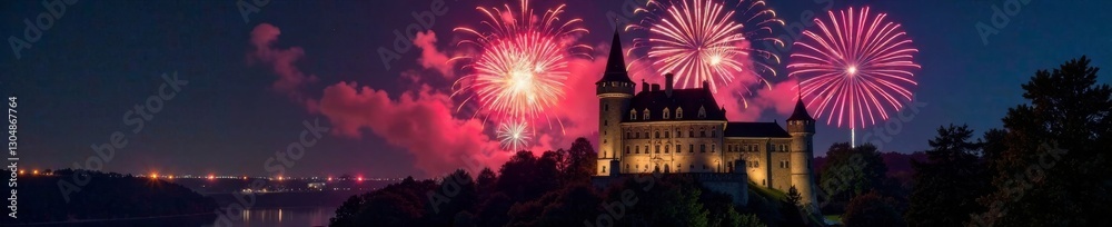 Fireworks exploding over Lublin Castle at night, night, rainbow Fireworks exploding over Lublin Castle at night, night, rainbow