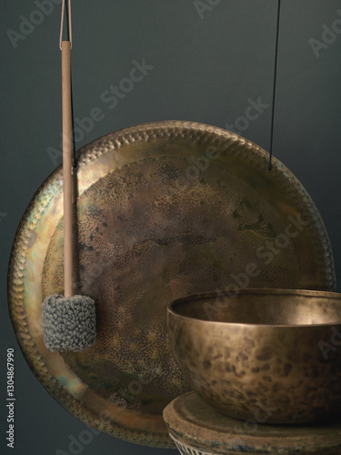 На темно-сером фоне висит гонг. Рядом с ним стои большая тибетская чаша