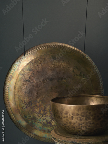 На темно-сером фоне висит гонг. Рядом с ним стои большая тибетская чаша
