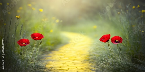 Yellow Brick Road Scene with Vibrant Red Poppies Blooming in Lush Green Field