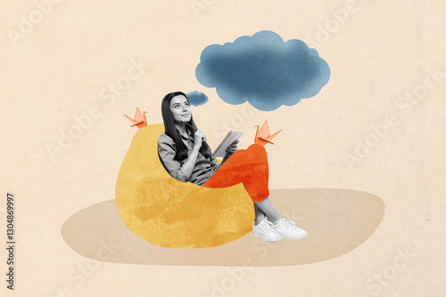 Trend artwork composite 3D photo collage design of young lady sit beanbag think mind cloud creative imagination dream write copybook