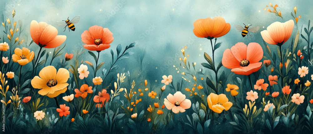 Obraz premium Vibrant summer garden with colorful flowers and bees buzzing around