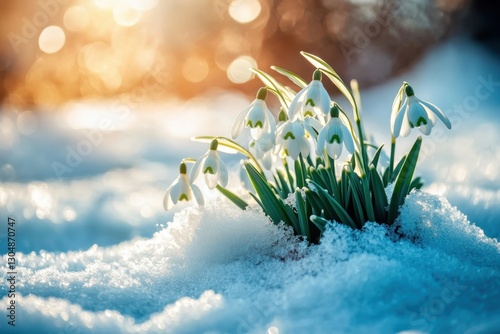 Delicate snowdrop flowers emerge from winter snow illuminated by golden sunlight creating a serene and hopeful spring scene capturing nature's beauty