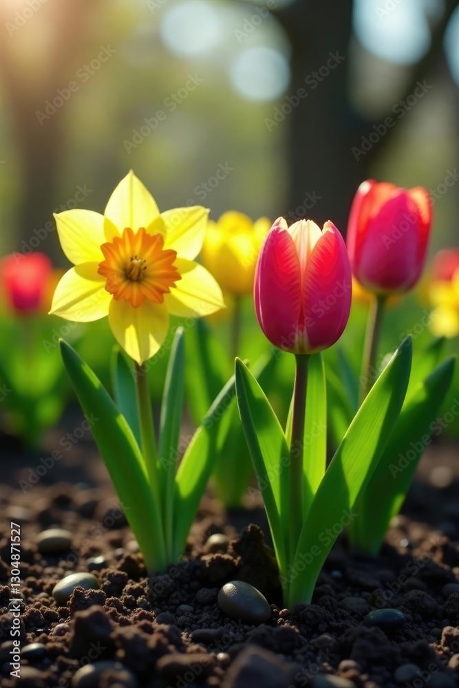 Bulbs of daffodils and tulips pushing through soil, greenery, springtime, thaw Bulbs of daffodils and tulips pushing through soil, greenery, springtime, thaw