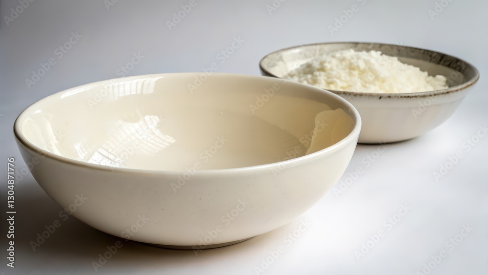 Empty and Filled Ceramic Bowls on White Background Empty and Filled Ceramic Bowls on White Background