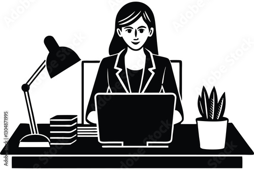 Silhouette of woman working on laptop at desk vector