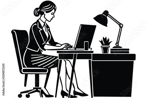 Silhouette of woman working on laptop at desk vector