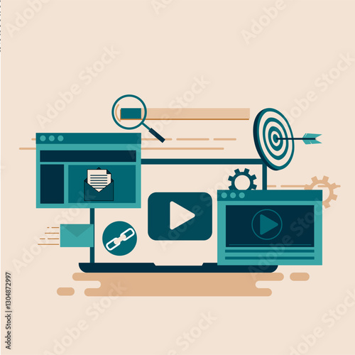 Social media marketing strategy concept, SMM, brand insights, campaign strategy development. Flat vector illustration.