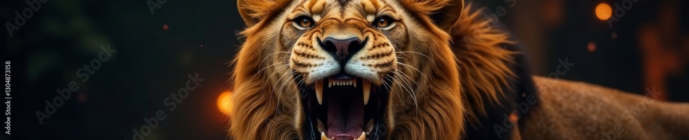 Obraz premium Fierce lion's face with open jaws and sharp teeth , predators, wild