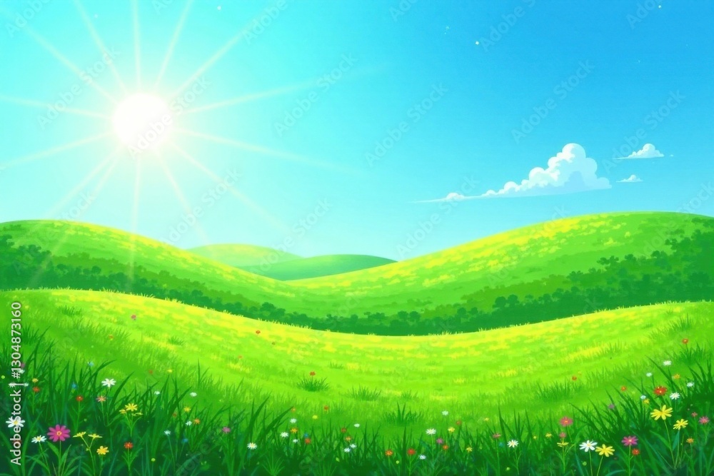 Obraz premium Bright Sunny Day in a Lush Green Meadow with Rolling Hills and Wildflowers