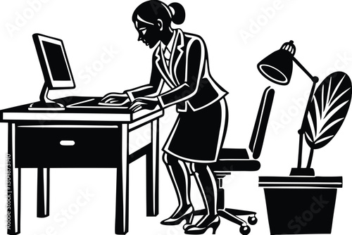 Silhouette of woman working on laptop at desk vector