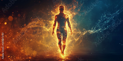 A radiant human figure made of glowing energy, floating in a cosmic space. Surrounded by fiery orange and blue energy streams, the image symbolizes transformation, ascension, and spiritual awakening.