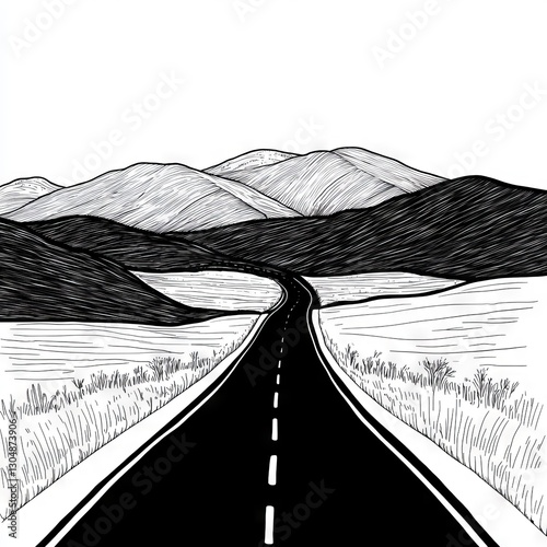 Black and white drawing of a winding road through mountains photo