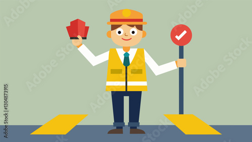 With a stop sign in one hand and a walkietalkie in the other the school crossing guard expertly coordinates with the school staff to ensure a smooth crossing.. Vector illustration