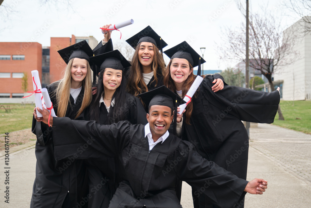 Multiethnic students wearing graduation gowns and caps celebrating graduation day holding their diplomas