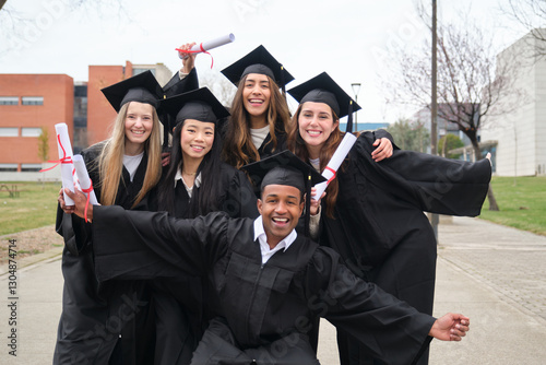 Obraz na płótnie Multiethnic students wearing graduation gowns and caps celebrating graduation day holding their diplomas w salonie