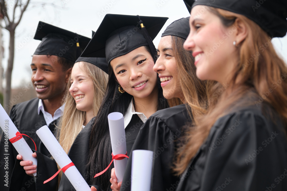 Group of cheerful multi ethnic graduates wearing academic gowns and holding diplomas are smiling and looking away