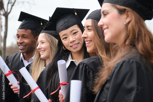 Obraz na płótnie Group of cheerful multi ethnic graduates wearing academic gowns and holding diplomas are smiling and looking away w salonie