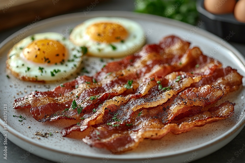 Delicious breakfast with crispy bacon and sunny-side up eggs on a gray plate Delicious breakfast with crispy bacon and sunny-side up eggs on a gray plate