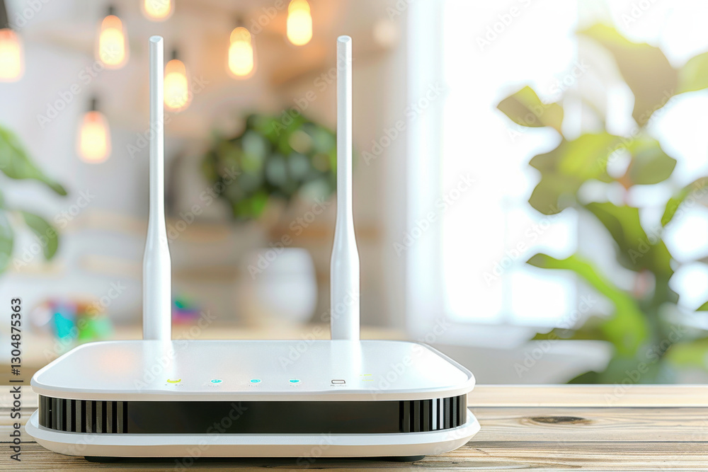 Modern wireless router on a wooden table with a bright, cozy interior and plants in the background during daylight hours Modern wireless router on a wooden table with a bright, cozy interior and plants in the background during daylight hours