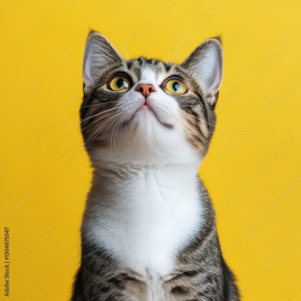 Obraz premium Curious tabby cat gazing upwards against a vibrant yellow backdrop showcasing its striking eyes and unique coat pattern in a studio setting