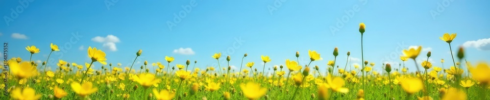Fototapeta premium Field of yellow celandine flowers against a blue sky, clear blue sky, blooming meadow