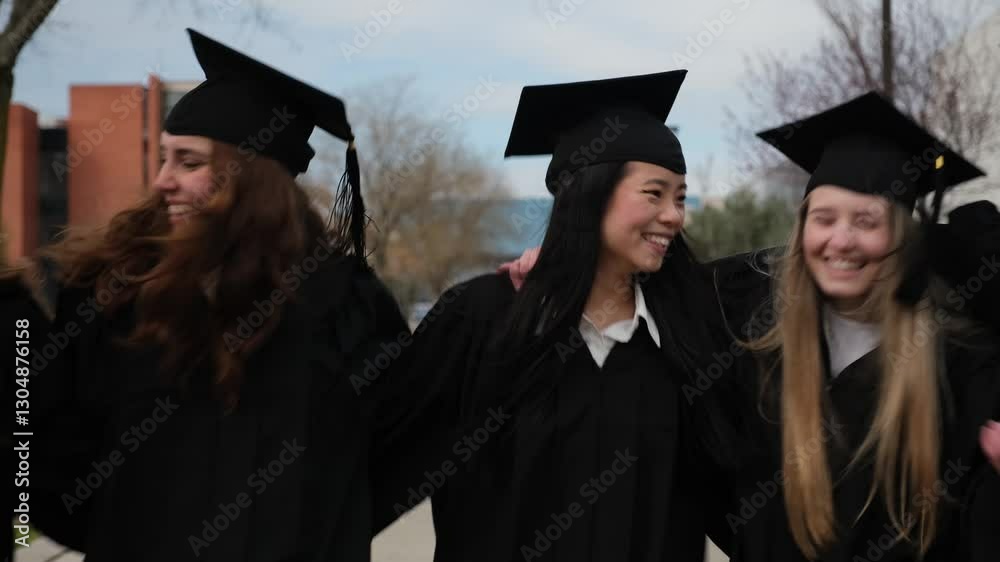 Multi ethnic graduated students walking together in their university campus Multi ethnic graduated students walking together in their university campus