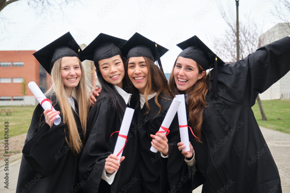 Four happy multi ethnic graduating students celebrating their graduation with diplomas and gowns