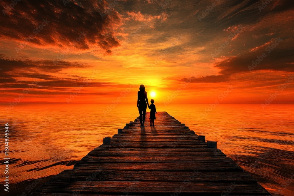 Heartwarming Scene of Mother and Daughter Silhouette at Sunset on a Serene Pier Heartwarming Scene of Mother and Daughter Silhouette at Sunset on a Serene Pier