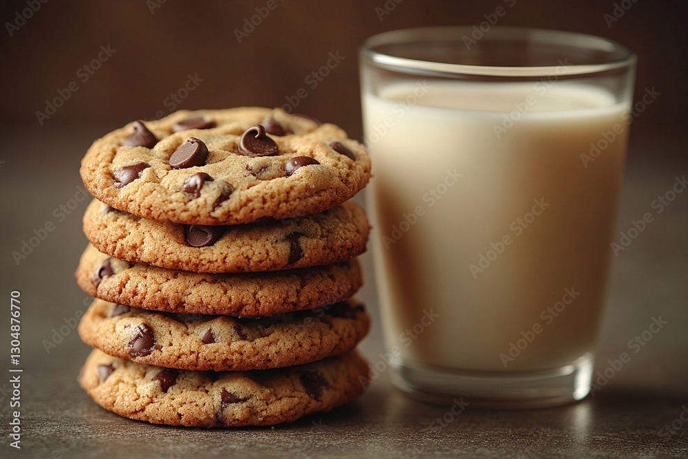 Delicious chocolate chip cookies stacked with a glass of milk on a wooden table Delicious chocolate chip cookies stacked with a glass of milk on a wooden table
