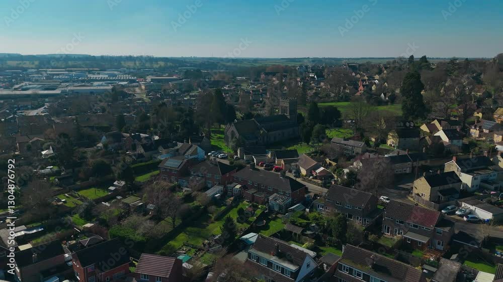Aerial Drone Panning View Of Behind Old English Church In Midlands, England Aerial Drone Panning View Of Behind Old English Church In Midlands, England