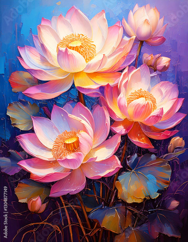 Beautiful bouquet of lotus flowers in oil painting style
