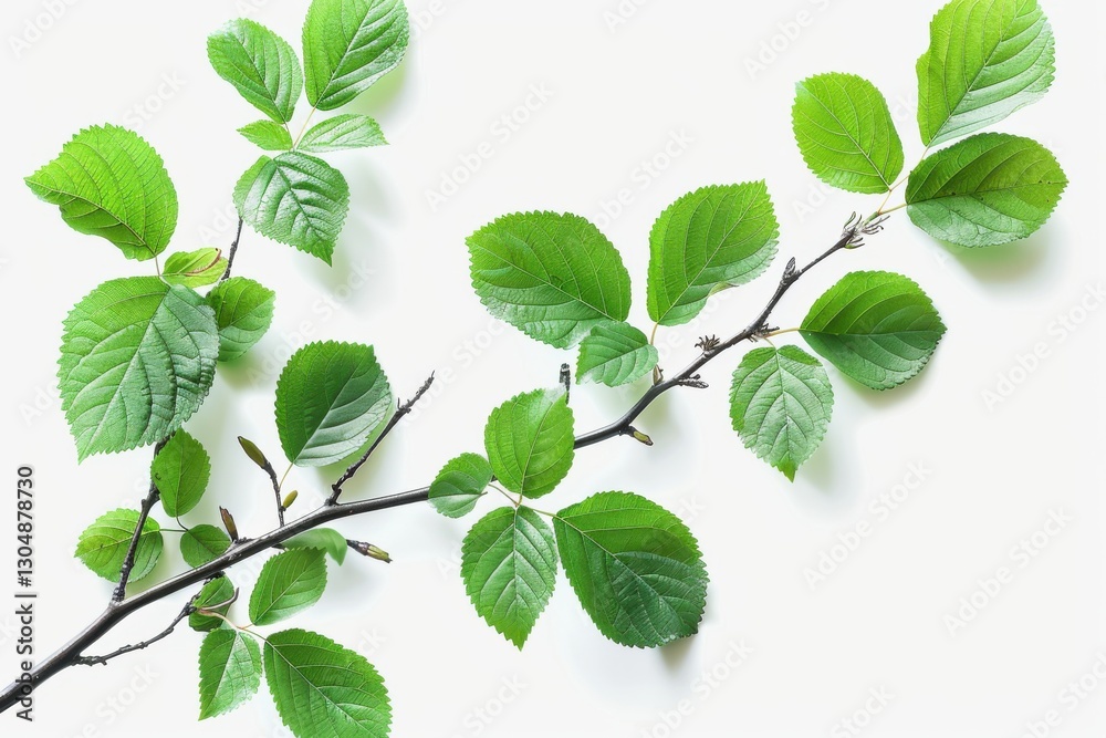 Fresh green leaves on a branch displayed against a white background for natural aesthetic appeal Fresh green leaves on a branch displayed against a white background for natural aesthetic appeal