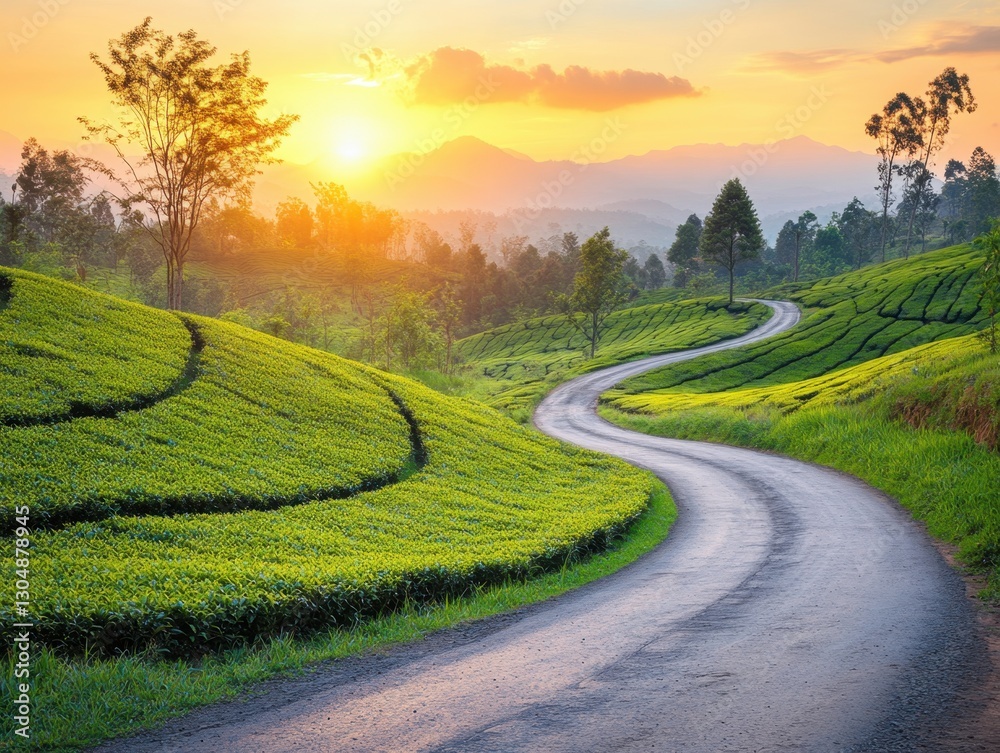 Fototapeta premium Serene winding road through lush tea plantation hills at sunset captivating landscape with vibrant greenery and golden light creating peaceful scenic beauty