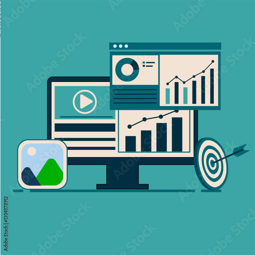 Social media marketing strategy concept, SMM, brand insights, campaign strategy development. Flat vector illustration.