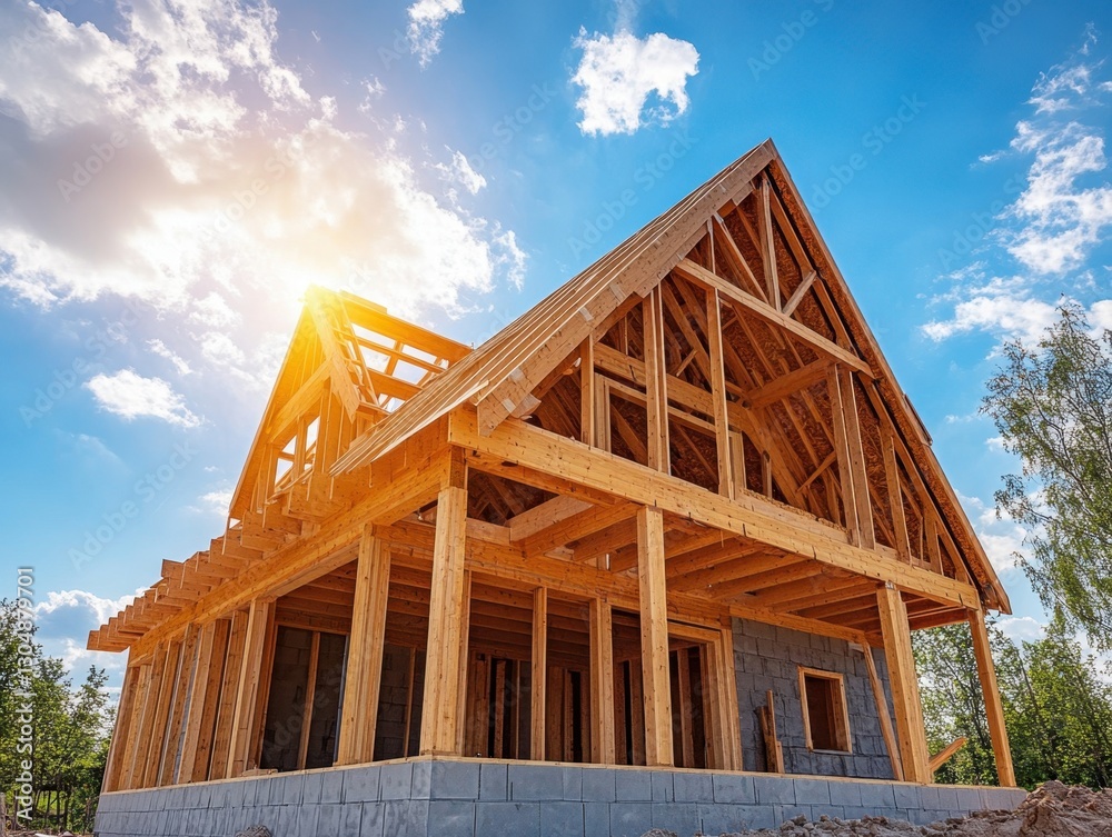 Fototapeta premium Construction Site Framing a New Home Against a Bright Blue Sky with Sunlight Shining Through Beams