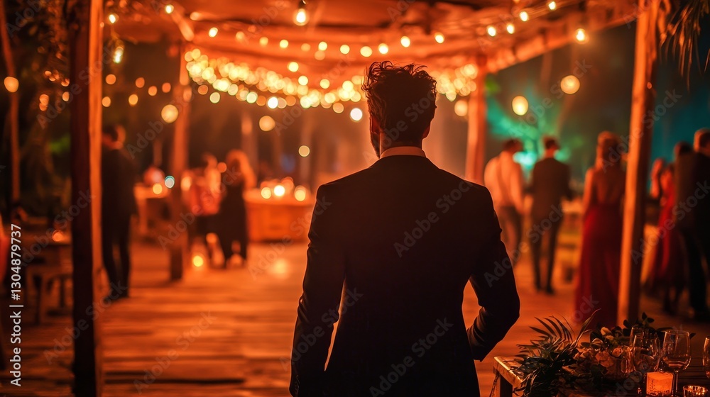 Large open space with a high ceiling adorned with string lights hanging, blurred background of a party