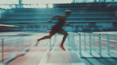 Athlete sports silhouette running sprinting motion track field jumping hurdles speed stadium