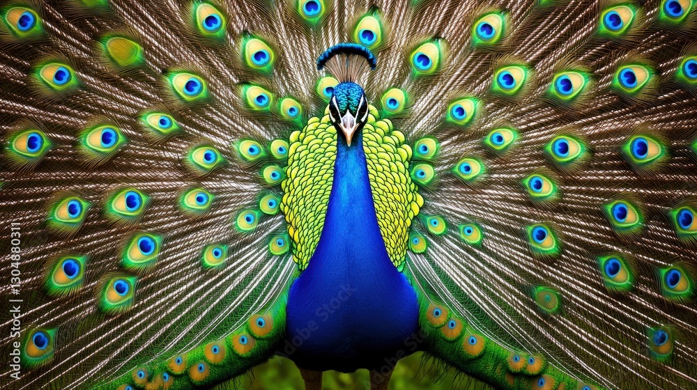 Obraz premium A vibrant peacock displays its colorful feathers, showcasing intricate patterns and striking hues of blue and green.
