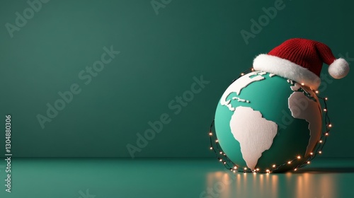 Holiday spirit shines as a globe wears a Santa hat and twinkling lights showcase the festive season