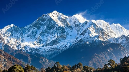 Majestic snow capped mountain range landscape view in the Himalayas