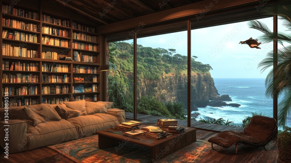 custom made wallpaper toronto digitalA luxurious living room with a beautiful ocean view and a high bookshelf in the background of the home