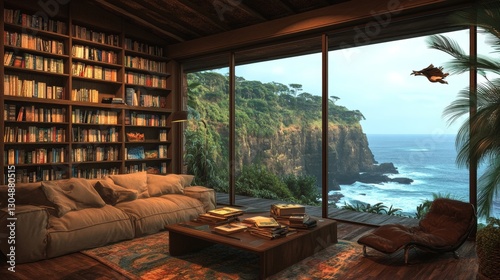 A luxurious living room with a beautiful ocean view and a high bookshelf in the background of the home