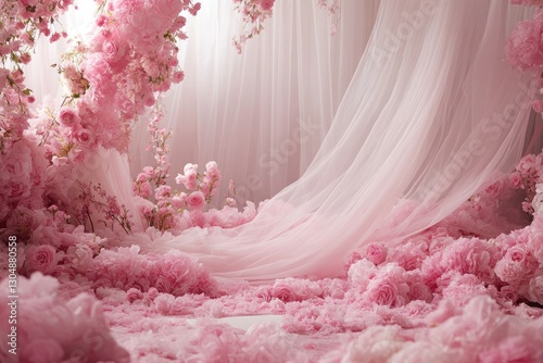 Pink floral backdrop with sheer fabric.