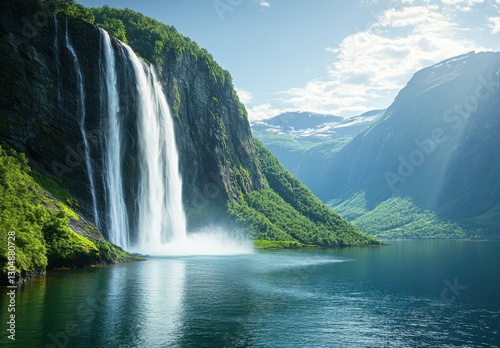 Majestic Waterfall Cascading Down a Lush Green Mountain with Reflections in a Calm Lake Surrounded by Dramatic Peaks and Clear Blue Sky