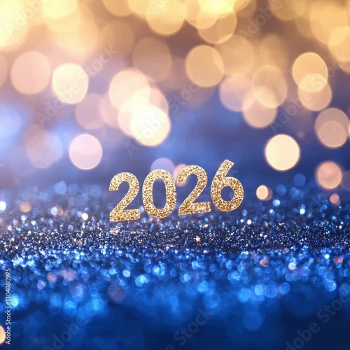 Glowing Golden 2026 Text with Glitter Bokeh Effects. New Year Celebration, Sparkling Decorations & Vibrant Atmosphere