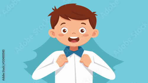 With eager anticipation a boy ran his hands over the collar of his crisp white shirt admiring how neatly it framed his face.. Vector illustration